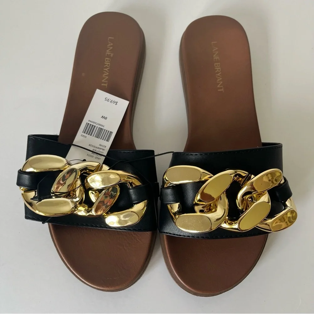 Lane Bryant Dream Cloud Chain Slide Sandal Black Gold Lighweight Wide‎ Sz 8W
